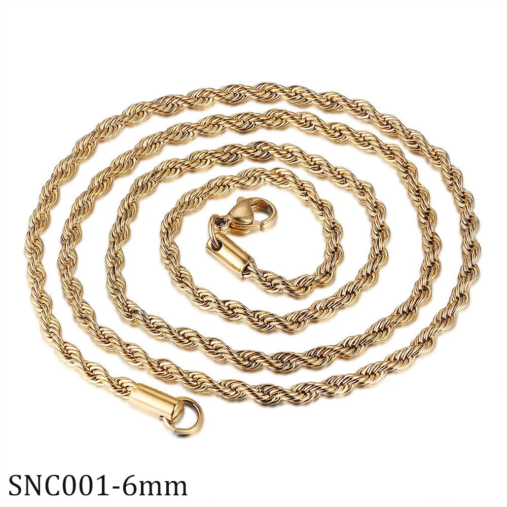 Wholesale Twisted Rope Chain 2mm 3mm 5mm 6mm 8mm 10mm Gold Plated Stainless Steel Hip Hop Necklace Jewelry