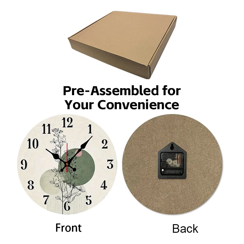 Botanical Design Wooden Round Silent Hanging Wall Clock, Suitable For Living Room, Office, Study Room, Bedroom, Home Decoration