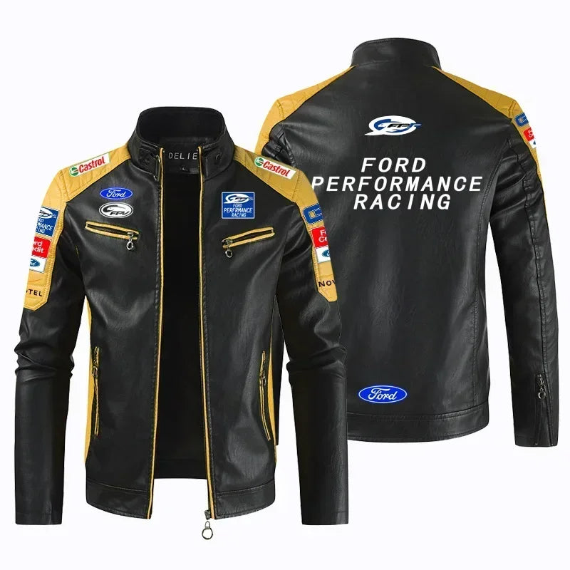 F1 racing suit men's motorcycle leather jacket suitable for Ford FORD team autumn and winter velvet warm jacket