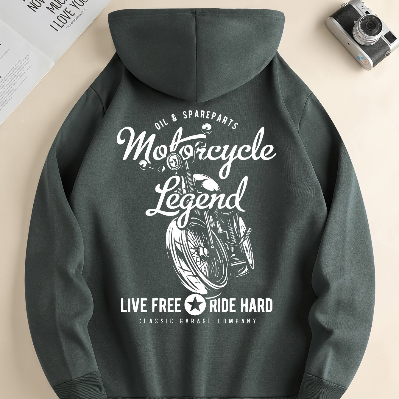 Hoodies Street Casual Sports And Fashionable With Kangaroo Pocket Men's Long Sleeve Motorcycle Print Fleece Sweatshirt, Suitable For Outdoor Sports, For Autumn And Winter, Fashionable And Versatile, Can Be Paired With Hip-hop