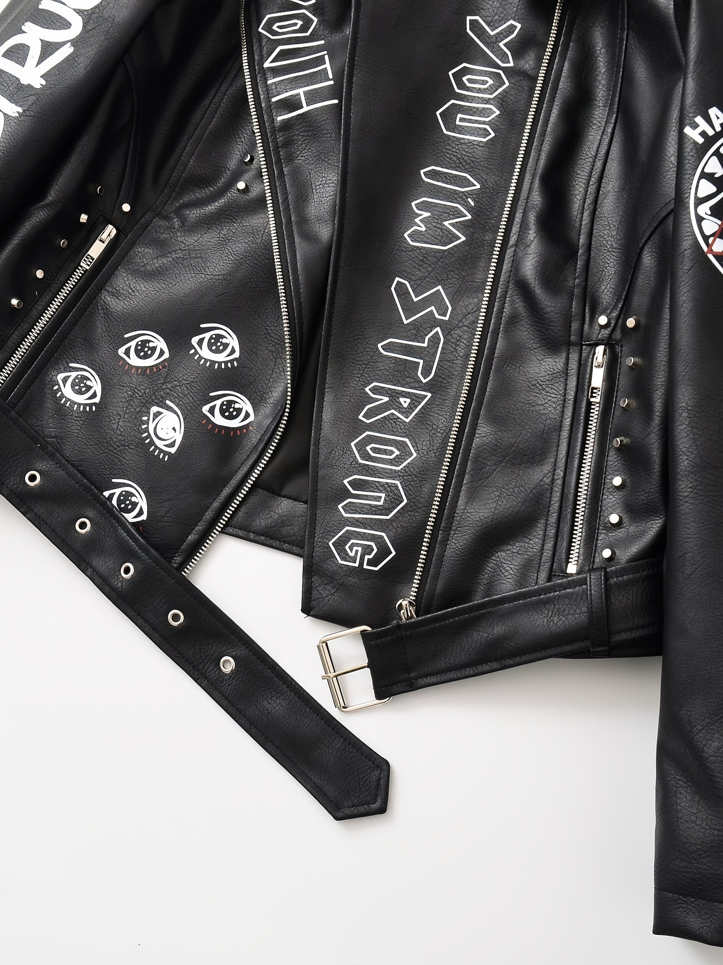 Women'S Black Faux Leather Jacket with "" & "STRUGGLE" Print, Motorcycle-Inspired Streetwear, Zipper Front, Shoulder Pads, and Decorative Studded Details - Spring/Fall Casual Style, Motorcycle Jacket, Spring Outerwear, Edgy F