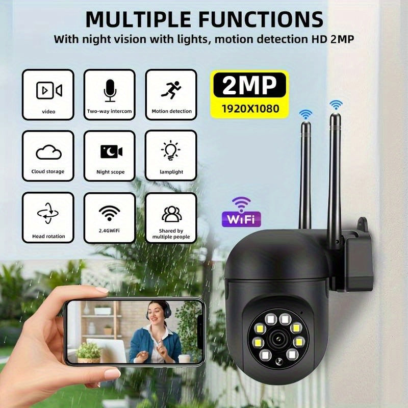 1pc Wireless Security Camera, 2MP 1080P PTZ IP Camera With 350-Degree Horizontal & 90-Degree Vertical Rotation, 2.4G WiFi, Automatic Tracking Alarm, Two-Way Voice, Color Night Vision With Floodlight AI Sports, Smart Home Surv
