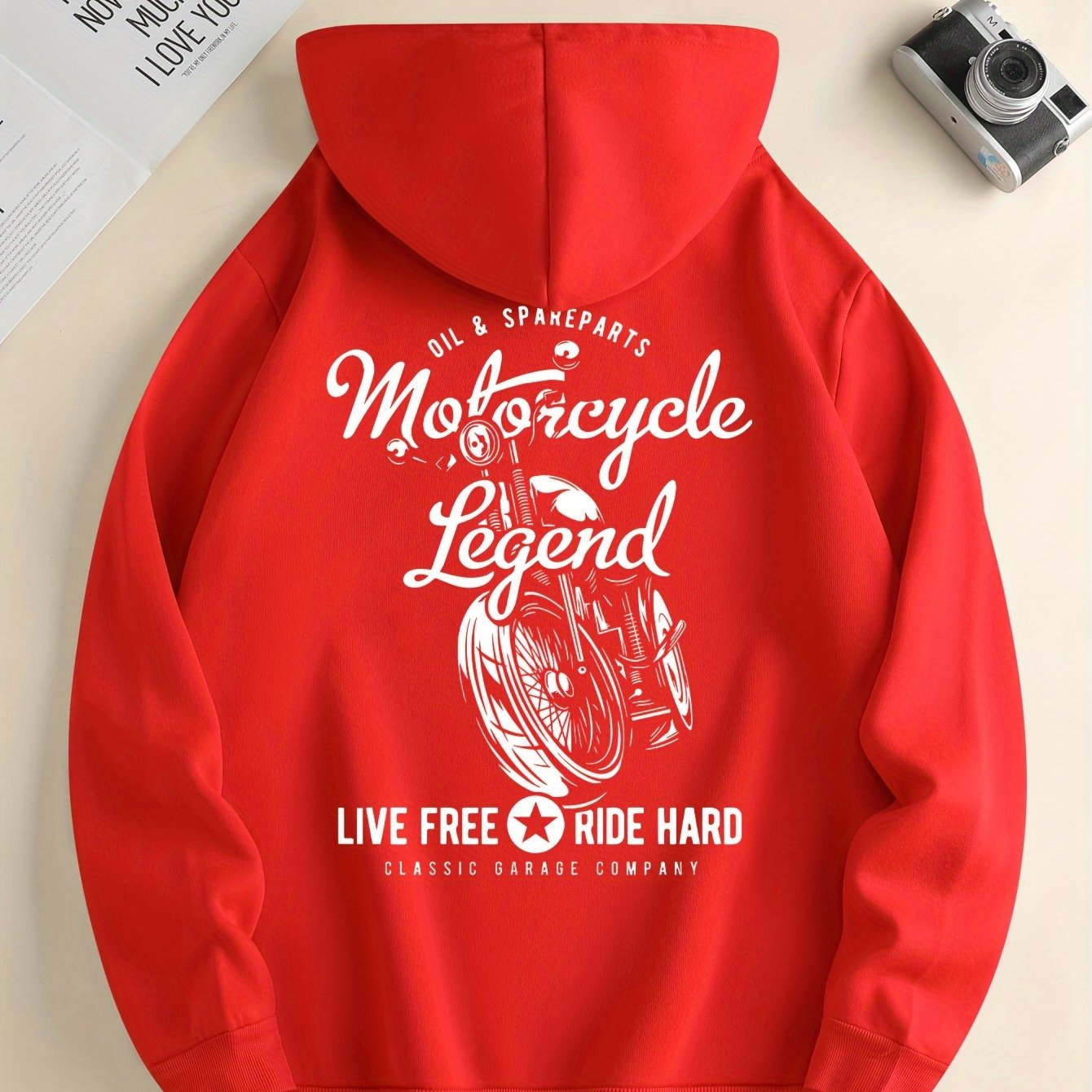 Hoodies Street Casual Sports And Fashionable With Kangaroo Pocket Men's Long Sleeve Motorcycle Print Fleece Sweatshirt, Suitable For Outdoor Sports, For Autumn And Winter, Fashionable And Versatile, Can Be Paired With Hip-hop