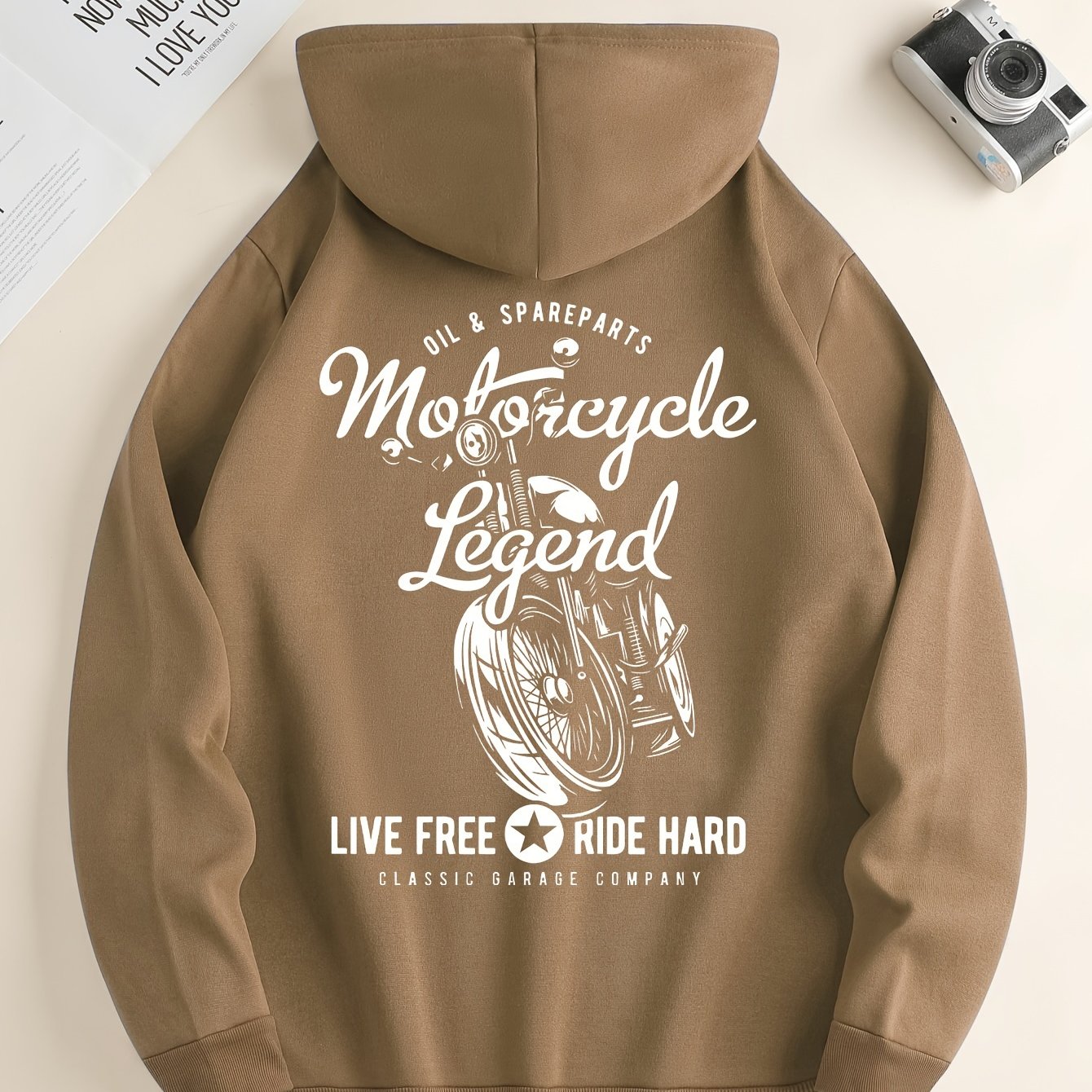 Hoodies Street Casual Sports And Fashionable With Kangaroo Pocket Men's Long Sleeve Motorcycle Print Fleece Sweatshirt, Suitable For Outdoor Sports, For Autumn And Winter, Fashionable And Versatile, Can Be Paired With Hip-hop