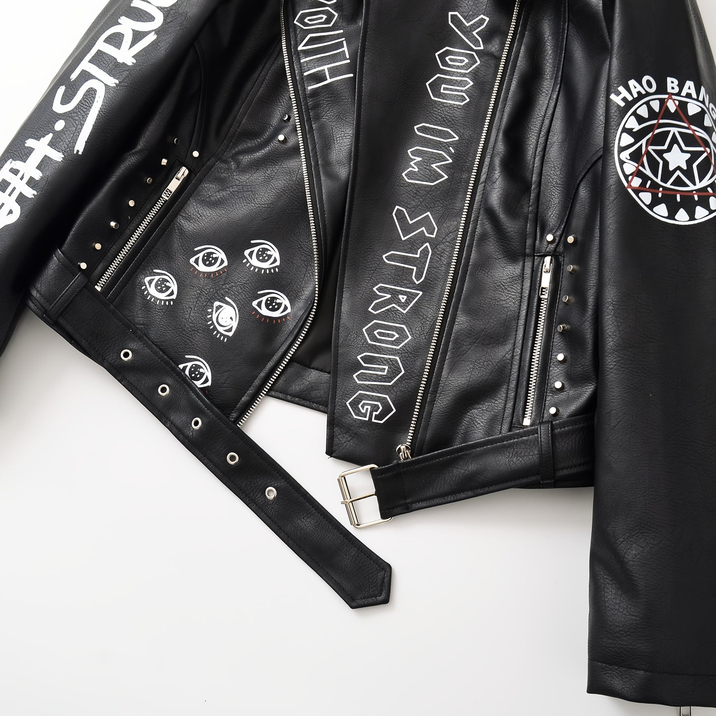 Women'S Black Faux Leather Jacket with "" & "STRUGGLE" Print, Motorcycle-Inspired Streetwear, Zipper Front, Shoulder Pads, and Decorative Studded Details - Spring/Fall Casual Style, Motorcycle Jacket, Spring Outerwear, Edgy F