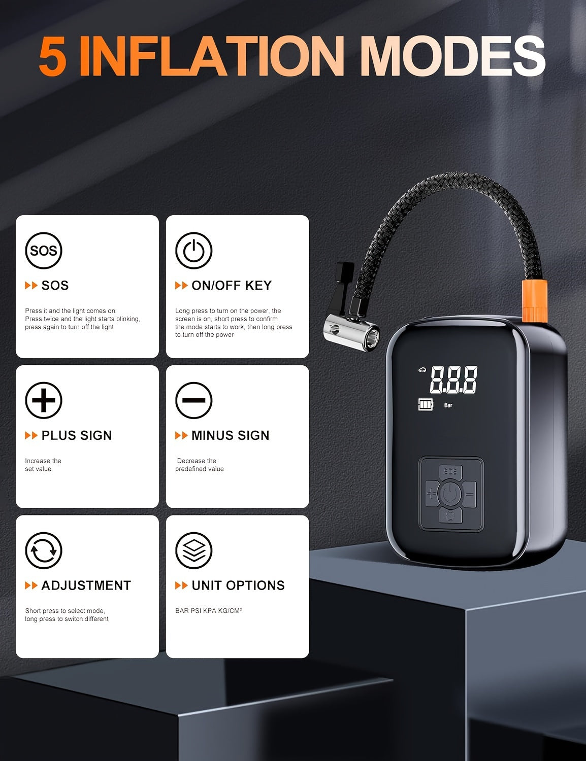 1pc Digital Display Portable Air Compressor Pump with LED Light, USB Charging, Rechargeable Lithium Battery, for Tire Inflation, Car/Bike/Motorcycle/Ball, Quieter & Longer Lasting, Intelligent Temperature Control