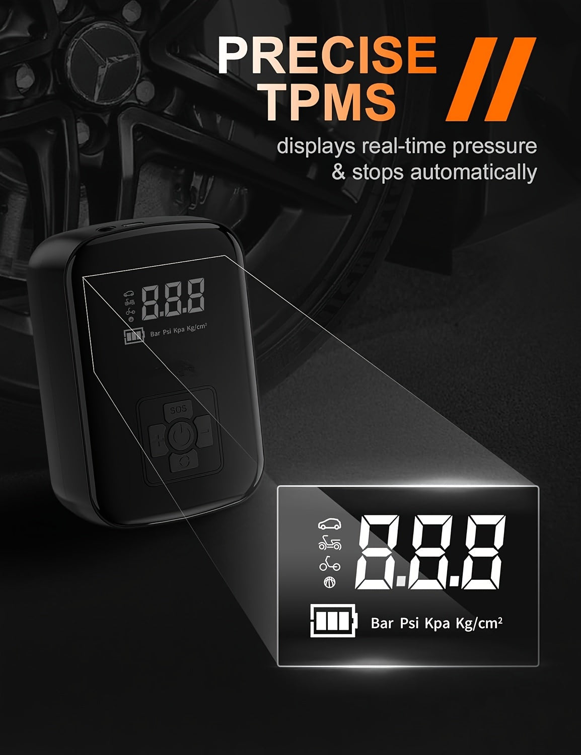 1pc Digital Display Portable Air Compressor Pump with LED Light, USB Charging, Rechargeable Lithium Battery, for Tire Inflation, Car/Bike/Motorcycle/Ball, Quieter & Longer Lasting, Intelligent Temperature Control