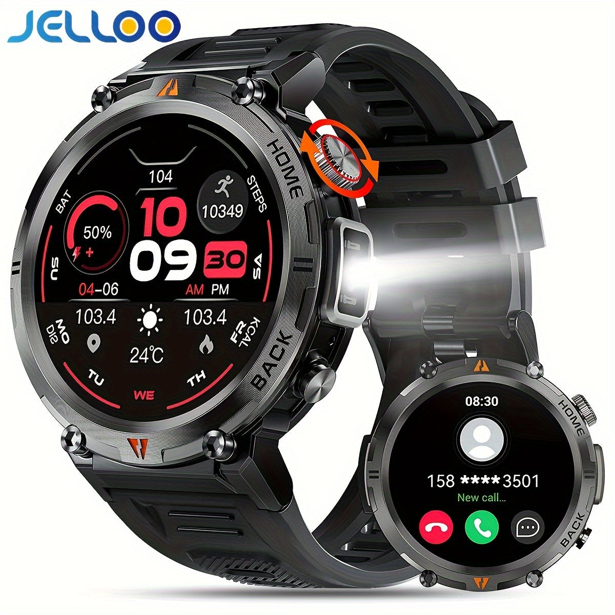 JELLOO Smart Watch With Flashlight, 3.68 Cm Touch Screen Smartwatch (Answer/Make Calls) For Men Fitness Tracker Watch Compatible With Android/iPhon// IOS