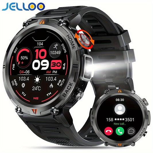 JELLOO Smart Watch With Flashlight, 3.68 Cm Touch Screen Smartwatch (Answer/Make Calls) For Men Fitness Tracker Watch Compatible With Android/iPhon// IOS