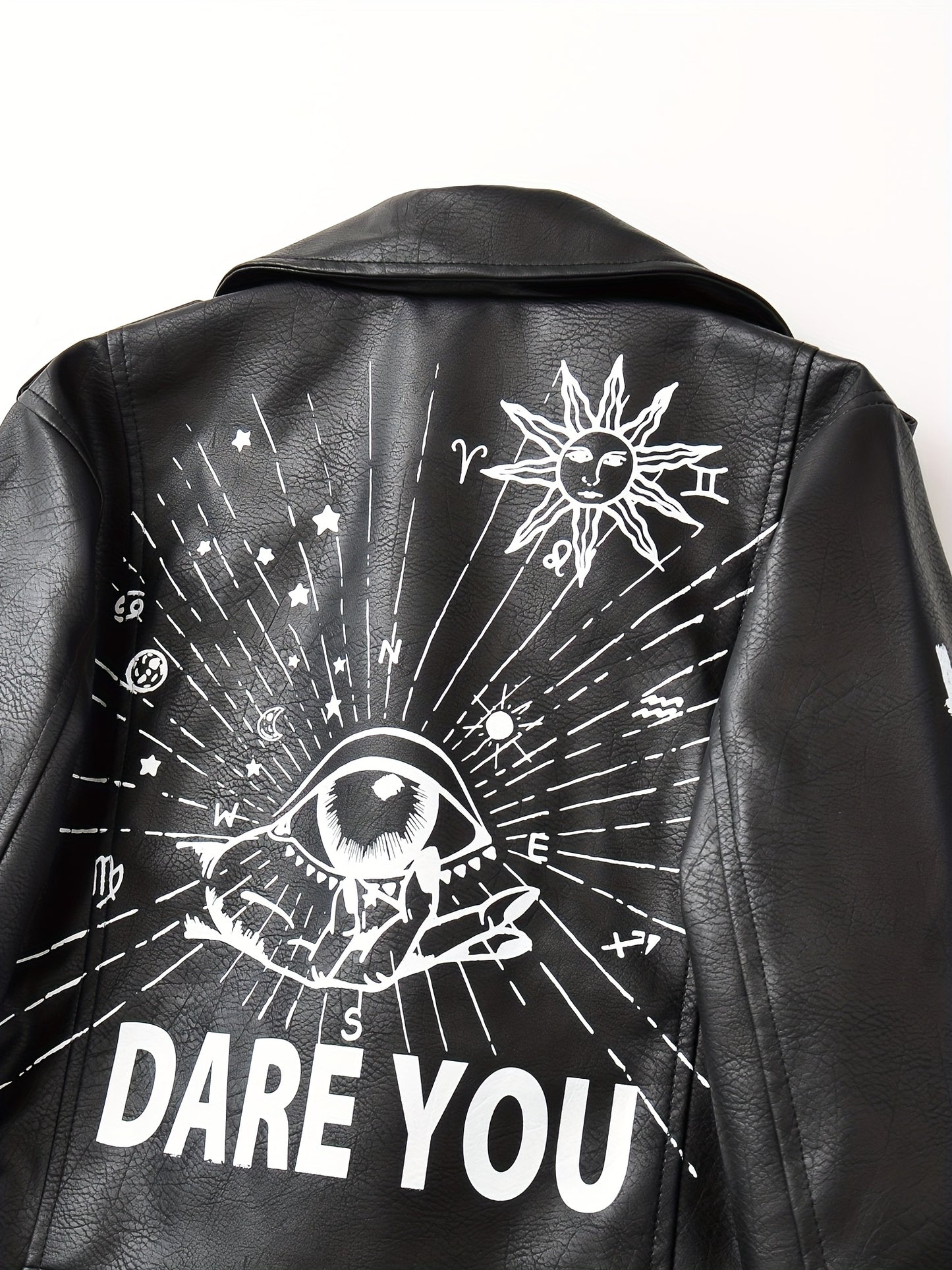 Women'S Black Faux Leather Jacket with "" & "STRUGGLE" Print, Motorcycle-Inspired Streetwear, Zipper Front, Shoulder Pads, and Decorative Studded Details - Spring/Fall Casual Style, Motorcycle Jacket, Spring Outerwear, Edgy F