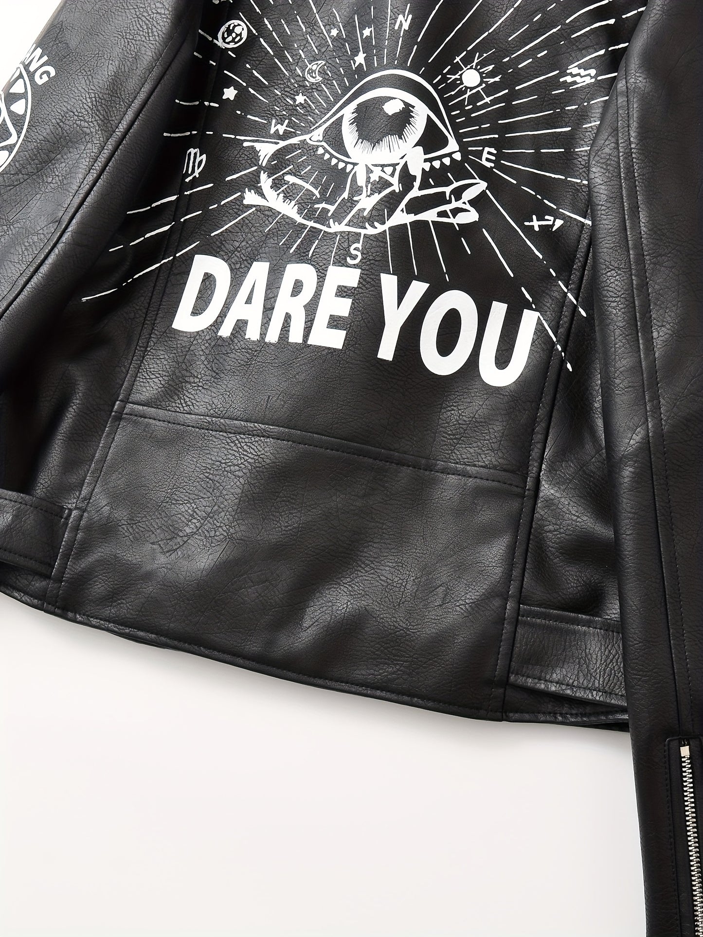 Women'S Black Faux Leather Jacket with "" & "STRUGGLE" Print, Motorcycle-Inspired Streetwear, Zipper Front, Shoulder Pads, and Decorative Studded Details - Spring/Fall Casual Style, Motorcycle Jacket, Spring Outerwear, Edgy F