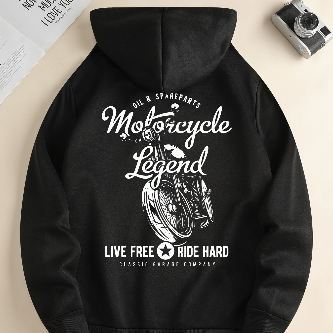 Hoodies Street Casual Sports And Fashionable With Kangaroo Pocket Men's Long Sleeve Motorcycle Print Fleece Sweatshirt, Suitable For Outdoor Sports, For Autumn And Winter, Fashionable And Versatile, Can Be Paired With Hip-hop