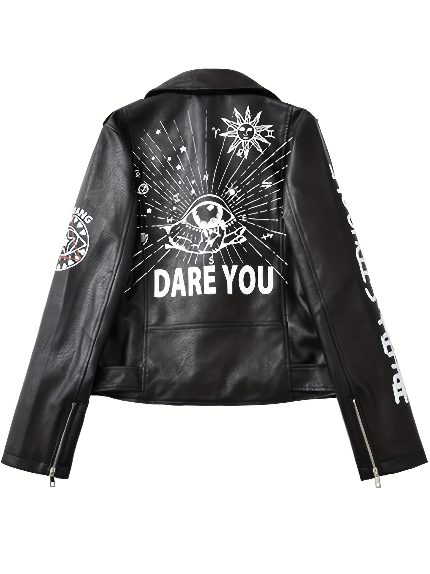 Women'S Black Faux Leather Jacket with "" & "STRUGGLE" Print, Motorcycle-Inspired Streetwear, Zipper Front, Shoulder Pads, and Decorative Studded Details - Spring/Fall Casual Style, Motorcycle Jacket, Spring Outerwear, Edgy F