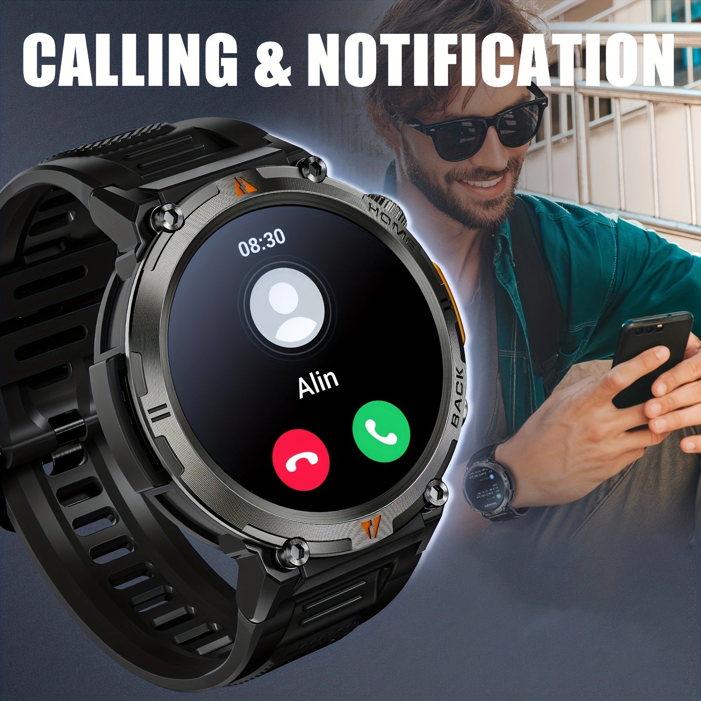 JELLOO Smart Watch With Flashlight, 3.68 Cm Touch Screen Smartwatch (Answer/Make Calls) For Men Fitness Tracker Watch Compatible With Android/iPhon// IOS