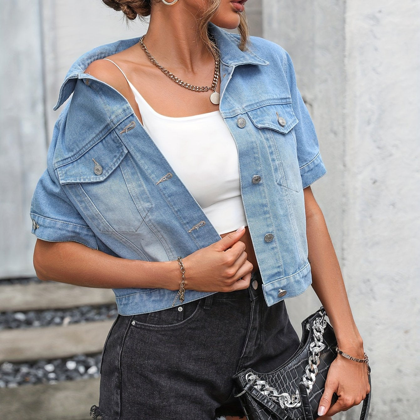 Solid Color Short Sleeves Denim Coats, Flap Pockets Single-Breasted Button Lapel Cropped Denim Jackets, Women's Denim Clothing
