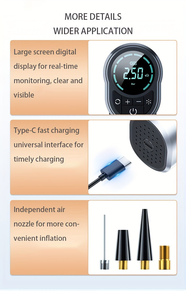 150PSI Handheld Air Compressor Electric Wireless Portable Tire Inflator Pump Digital Display LED Lighting, For Car Motorcycle Bicycle Balls