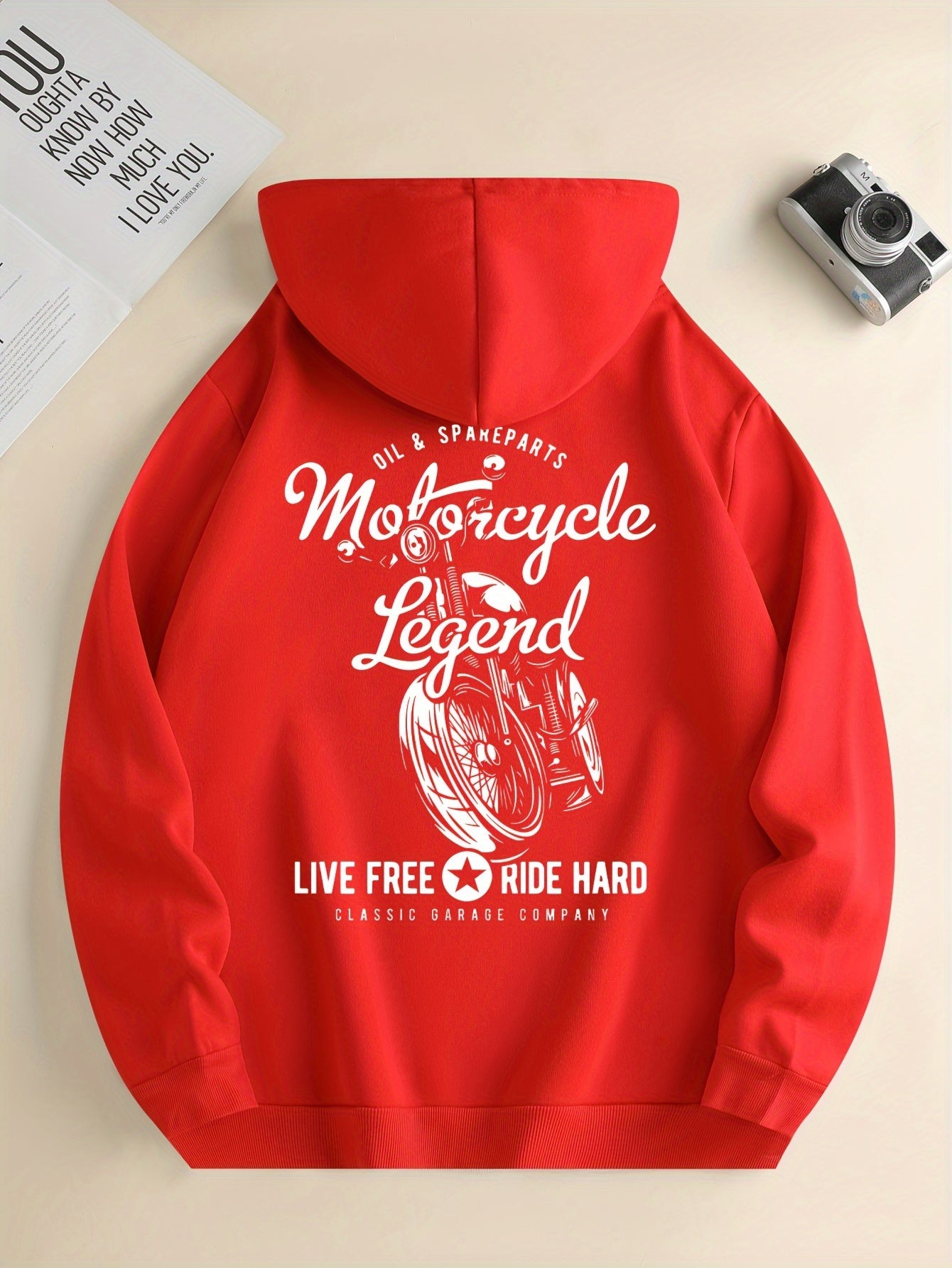 Hoodies Street Casual Sports And Fashionable With Kangaroo Pocket Men's Long Sleeve Motorcycle Print Fleece Sweatshirt, Suitable For Outdoor Sports, For Autumn And Winter, Fashionable And Versatile, Can Be Paired With Hip-hop