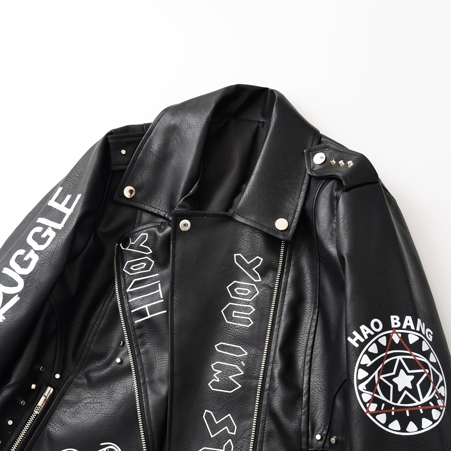 Women'S Black Faux Leather Jacket with "" & "STRUGGLE" Print, Motorcycle-Inspired Streetwear, Zipper Front, Shoulder Pads, and Decorative Studded Details - Spring/Fall Casual Style, Motorcycle Jacket, Spring Outerwear, Edgy F