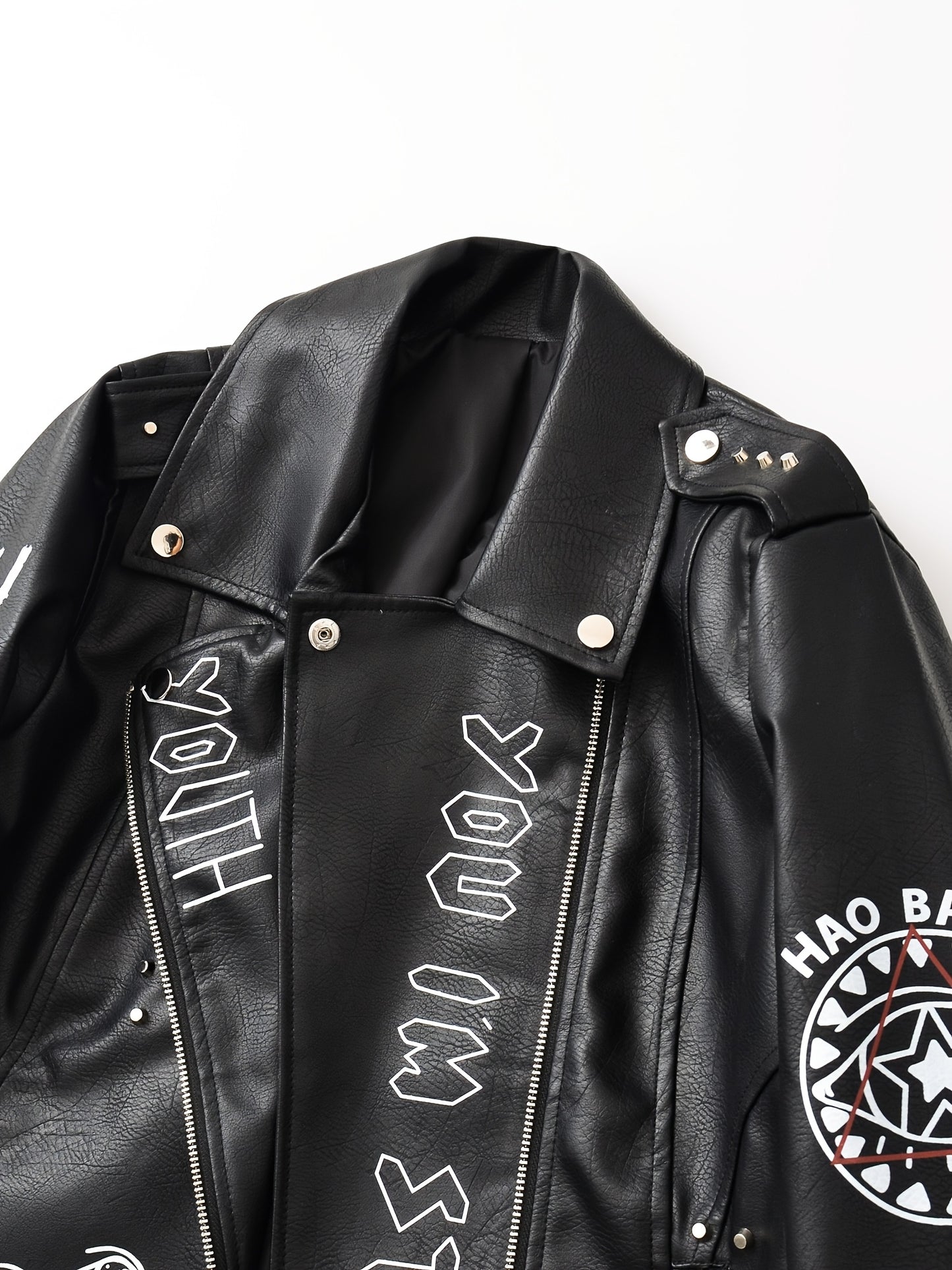 Women'S Black Faux Leather Jacket with "" & "STRUGGLE" Print, Motorcycle-Inspired Streetwear, Zipper Front, Shoulder Pads, and Decorative Studded Details - Spring/Fall Casual Style, Motorcycle Jacket, Spring Outerwear, Edgy F