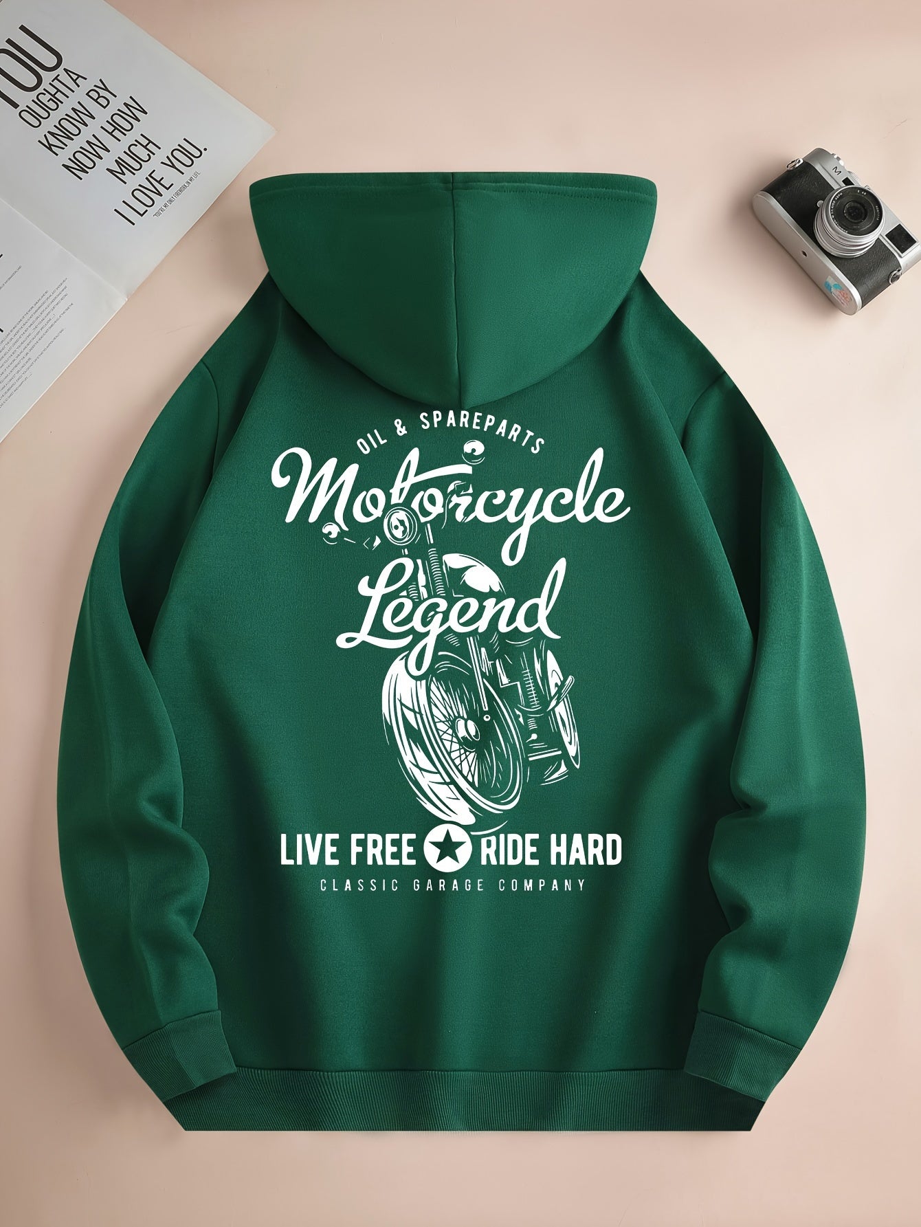 Hoodies Street Casual Sports And Fashionable With Kangaroo Pocket Men's Long Sleeve Motorcycle Print Fleece Sweatshirt, Suitable For Outdoor Sports, For Autumn And Winter, Fashionable And Versatile, Can Be Paired With Hip-hop