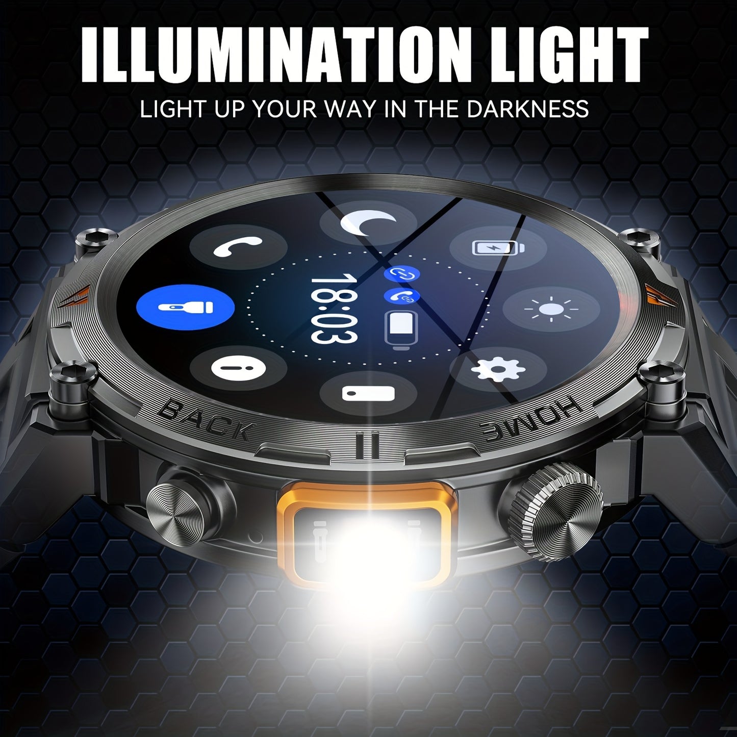 JELLOO Smart Watch With Flashlight, 3.68 Cm Touch Screen Smartwatch (Answer/Make Calls) For Men Fitness Tracker Watch Compatible With Android/iPhon// IOS