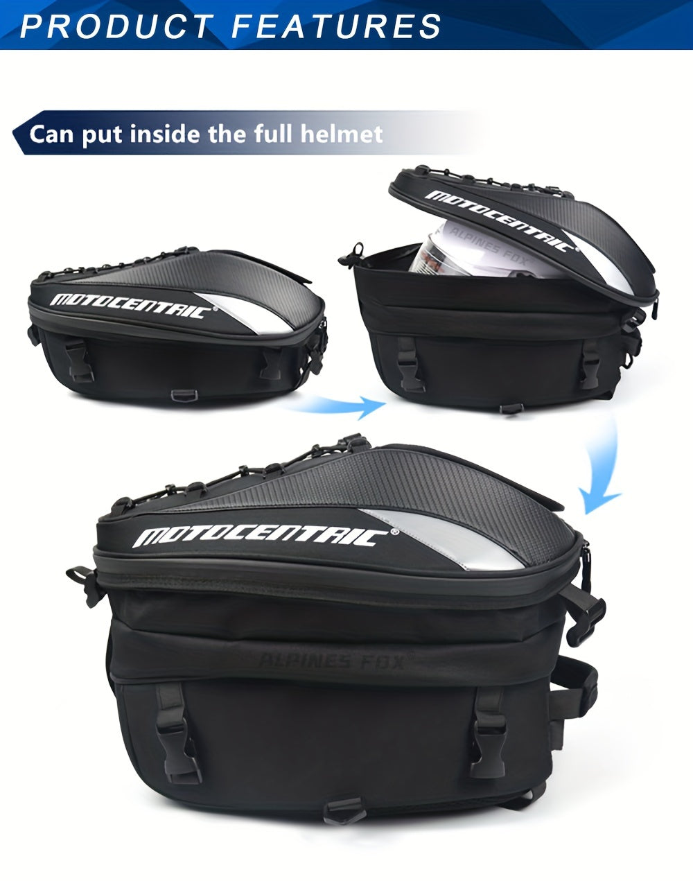 MOTOCENTRIC Waterproof Motorcycle Tail Bag Multi-functional Durable Rear Seat Bag 37L High Capacity Rider Helmet Backpack
