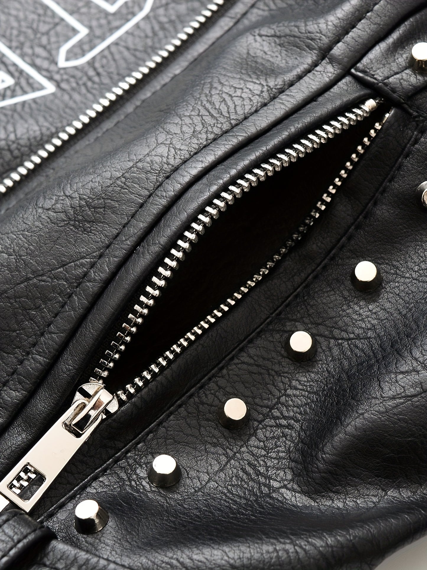 Women'S Black Faux Leather Jacket with "" & "STRUGGLE" Print, Motorcycle-Inspired Streetwear, Zipper Front, Shoulder Pads, and Decorative Studded Details - Spring/Fall Casual Style, Motorcycle Jacket, Spring Outerwear, Edgy F