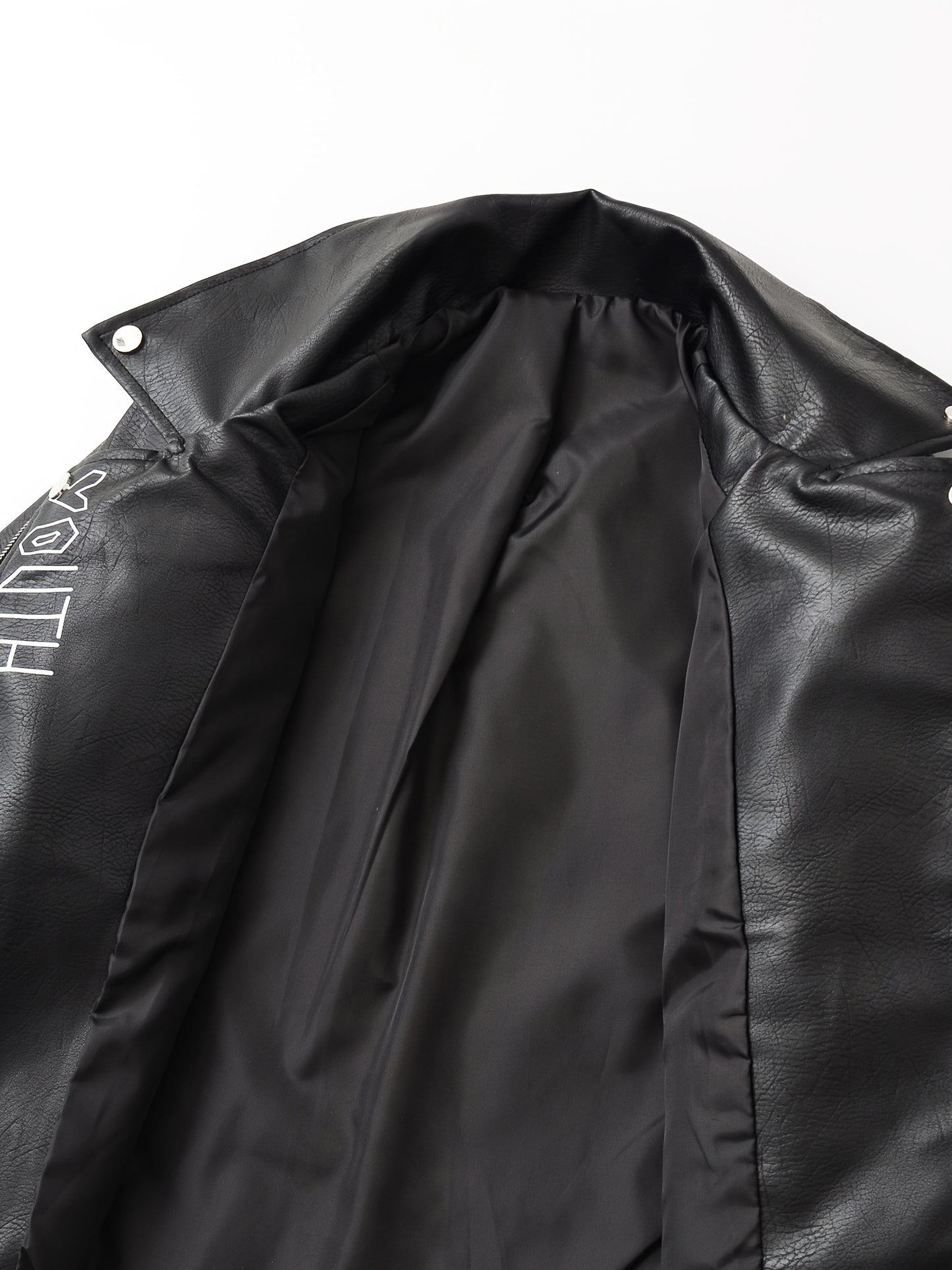 Women'S Black Faux Leather Jacket with "" & "STRUGGLE" Print, Motorcycle-Inspired Streetwear, Zipper Front, Shoulder Pads, and Decorative Studded Details - Spring/Fall Casual Style, Motorcycle Jacket, Spring Outerwear, Edgy F