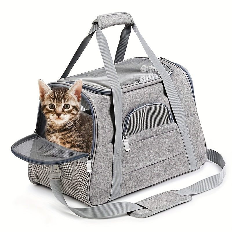 Portable Cat Carrier with Plush Mat - Large Capacity Breathable Travel Bag for Pet Outings, Zipper Closure, Ventilated Mesh & Soft Lining, Secure Straps for Car & Outdoor Use, Cat Travel Carrier, Secure Latching System