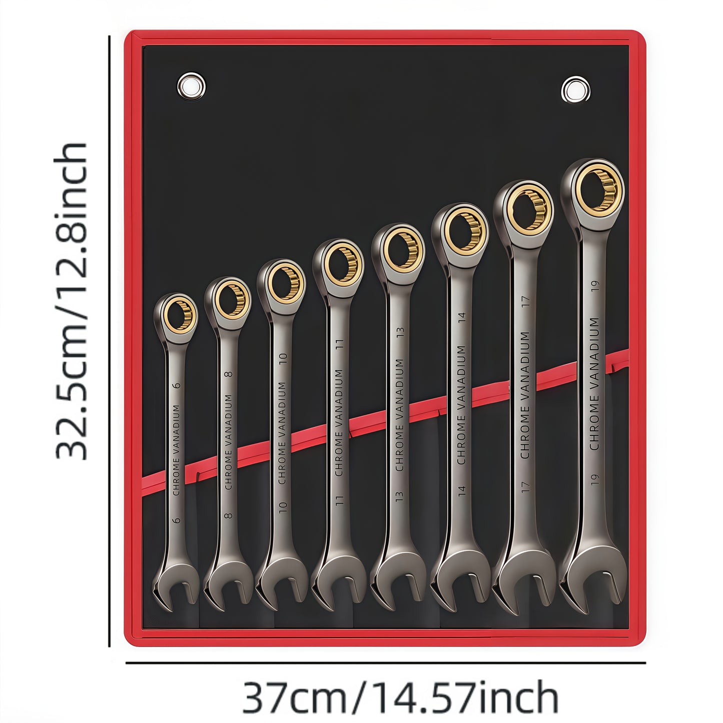 Black Nickel Fixed Head Ratchet Metric Wrench Set 6-19mm with Rolling Bag 72 Teeth Industrial Chrome Vanadium Steel Material Rust-Resistant for Motorcycle and Bicycle Repair