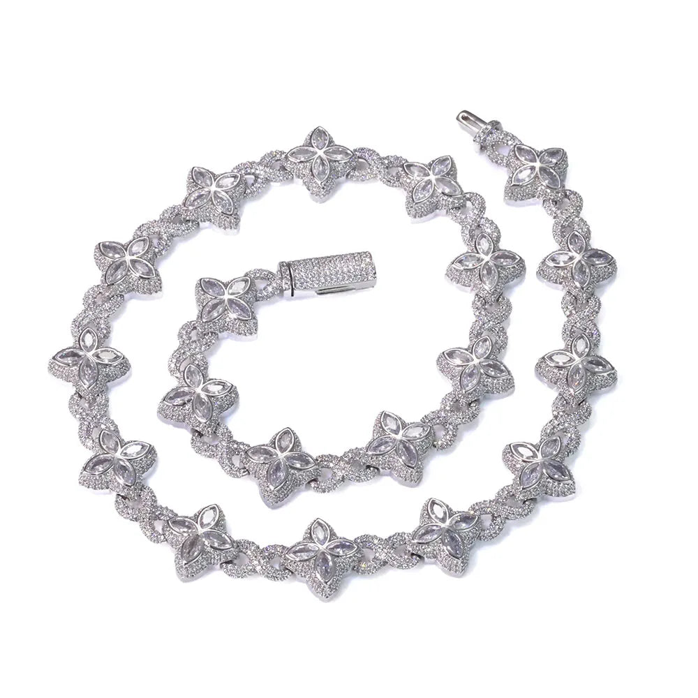 NUOYA Hip Hop Jewelry 8mm Colored Iced Out Diamond Flower Chain Infinite Symbol Chain Four Leaf Clover Necklace for Men Women