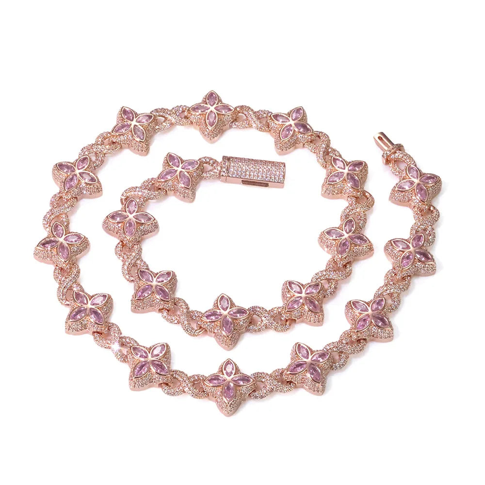 NUOYA Hip Hop Jewelry 8mm Colored Iced Out Diamond Flower Chain Infinite Symbol Chain Four Leaf Clover Necklace for Men Women