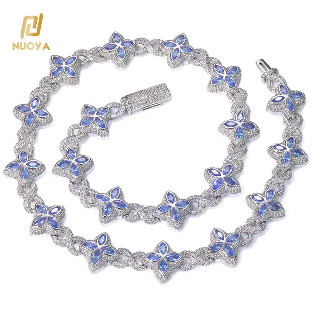NUOYA Hip Hop Jewelry 8mm Colored Iced Out Diamond Flower Chain Infinite Symbol Chain Four Leaf Clover Necklace for Men Women
