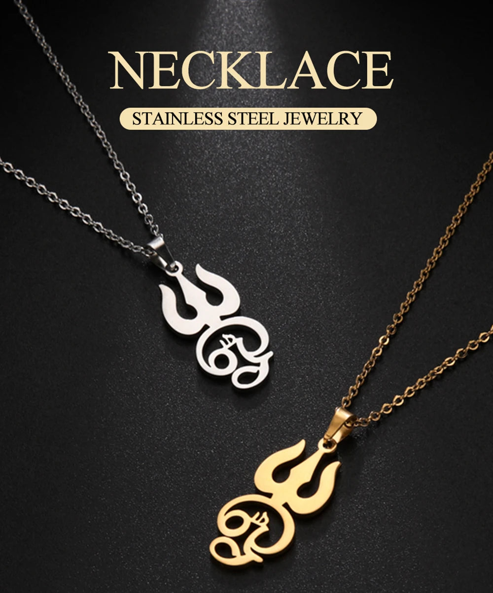 Myshape India Tamil Om Symbol with Trident Pendant Stainless Steel Necklace Om Shiva Symbol Yoga Vintage Talisman Jewelry