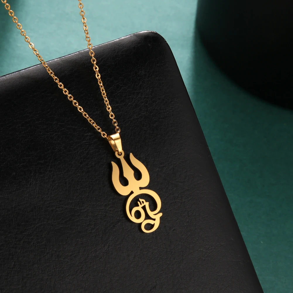 Myshape India Tamil Om Symbol with Trident Pendant Stainless Steel Necklace Om Shiva Symbol Yoga Vintage Talisman Jewelry