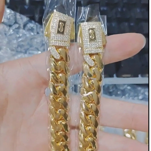 Luxury Iced Out Monaco Box Clasp Cuban Chain 18K Gold Plated Heavy Brass Bling Necklace Men's Statement Hip Hop Jewelry