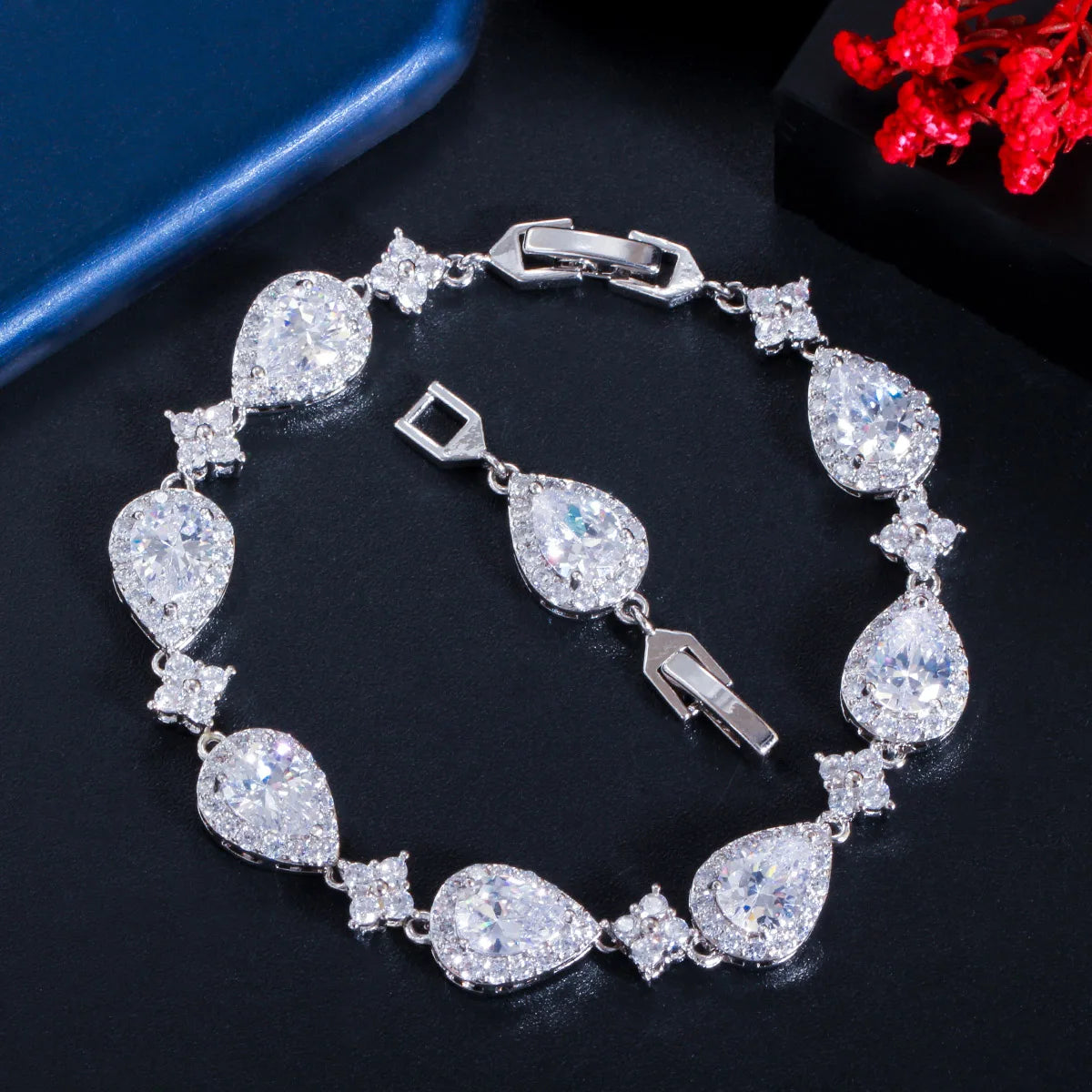 Classic Sparkly Pear Cut Cubic Zirconia CZ Copper Drop Shape Tennis Bracelets for Women Wedding Christmas or Daily Wear Jewelry