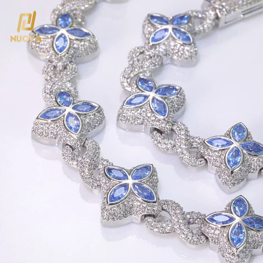 NUOYA Hip Hop Jewelry 8mm Colored Iced Out Diamond Flower Chain Infinite Symbol Chain Four Leaf Clover Necklace for Men Women