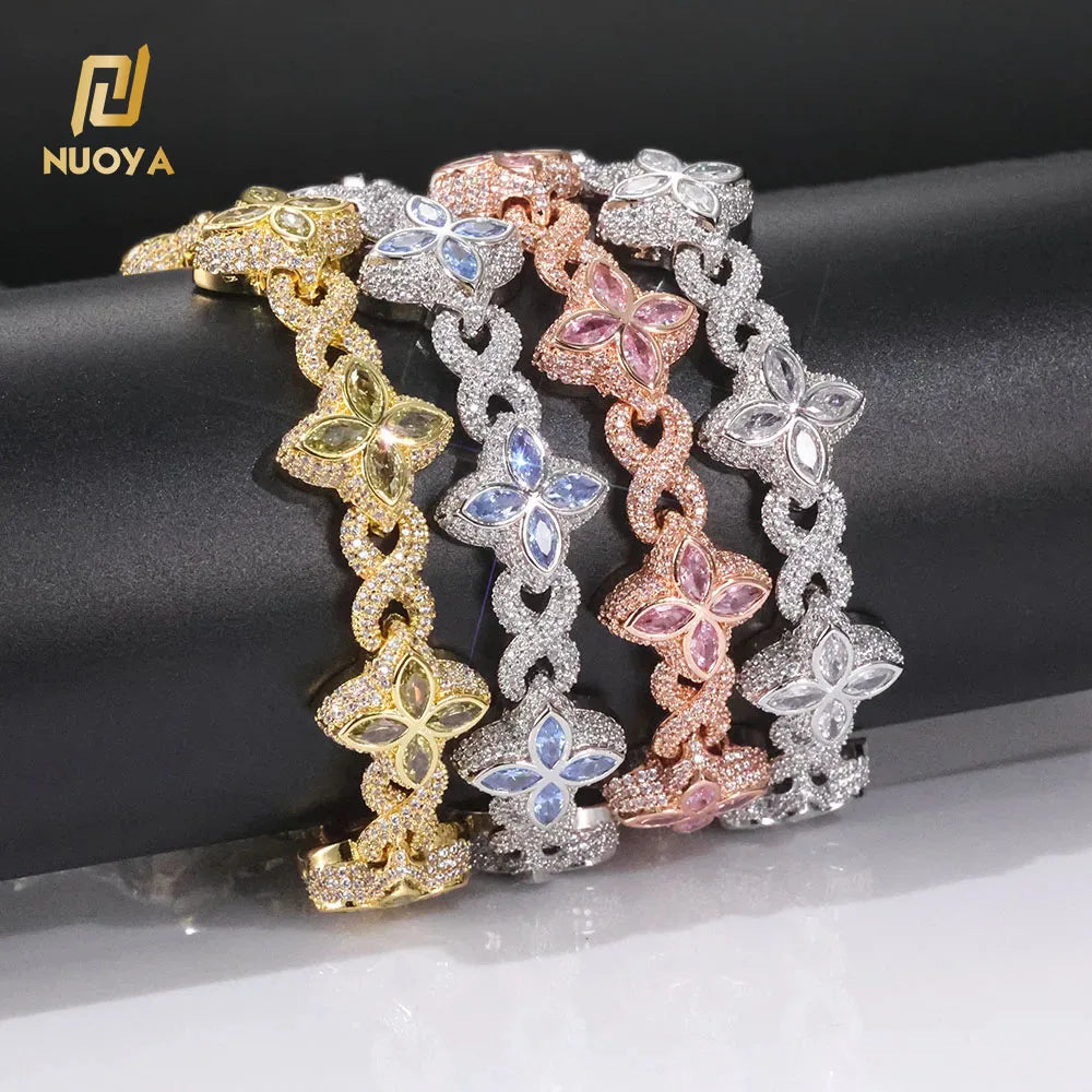 NUOYA Hip Hop Jewelry 8mm Colored Iced Out Diamond Flower Chain Infinite Symbol Chain Four Leaf Clover Necklace for Men Women