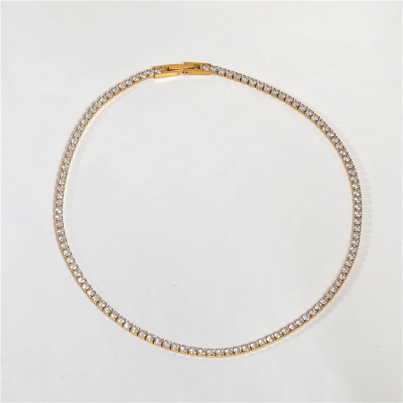 Waterproof & Tarnish Free 18K Gold Plated Luxury  Zirconia Pave Stainless Steel Tennis Necklace Fashion Jewelry
