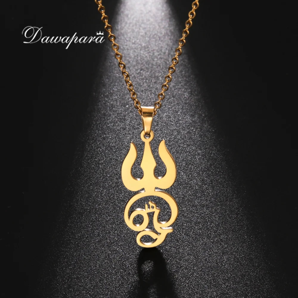 Myshape India Tamil Om Symbol with Trident Pendant Stainless Steel Necklace Om Shiva Symbol Yoga Vintage Talisman Jewelry