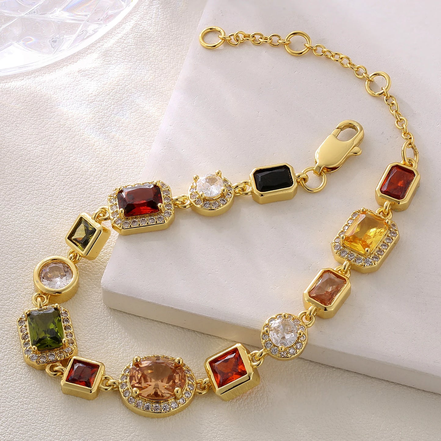 Sparkly Multi Gemstone Choker Chain 18K Real Gold Plated Brass Jewelry 10MM Colorful CZ Rainbow Gem Stone Necklace for Women Men