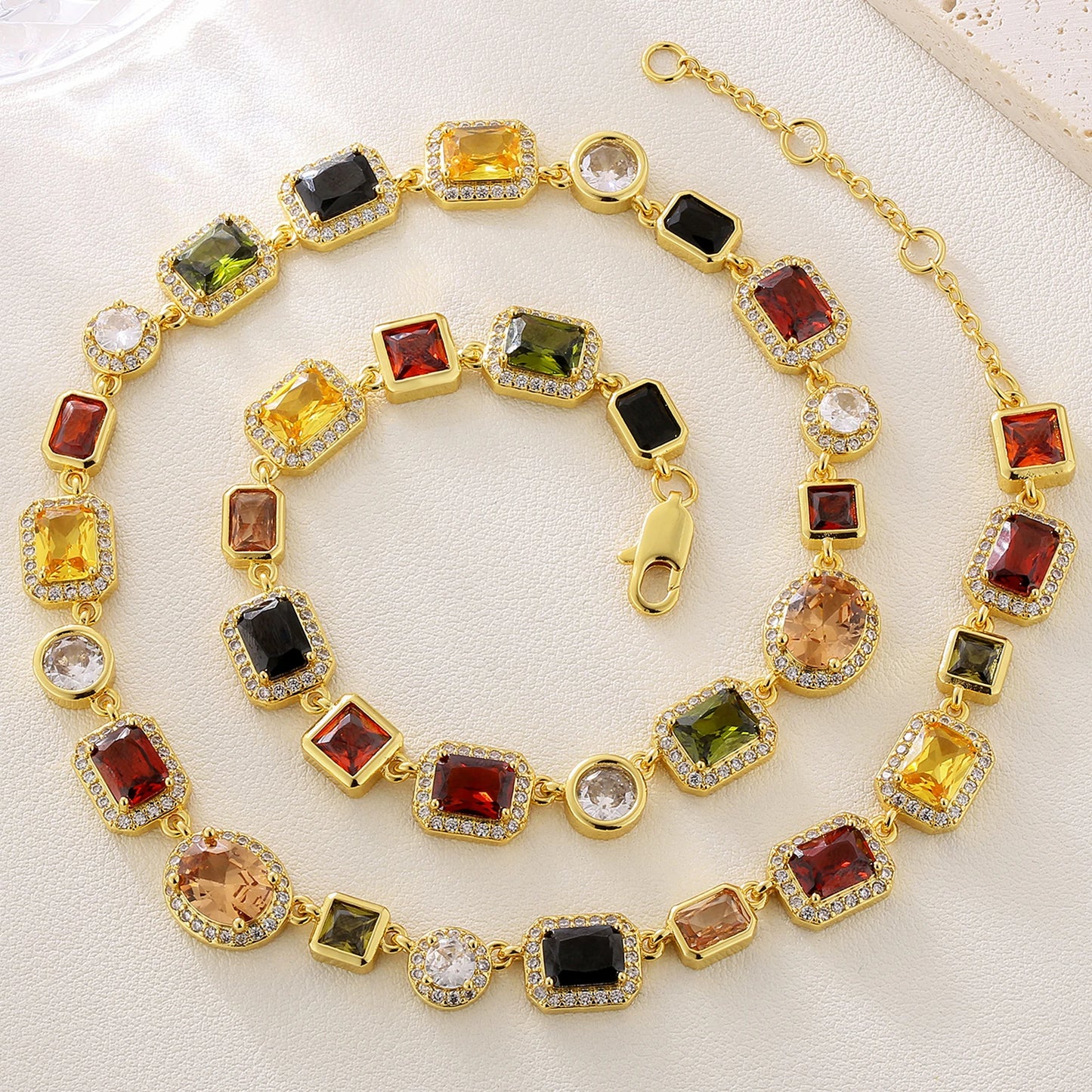 Sparkly Multi Gemstone Choker Chain 18K Real Gold Plated Brass Jewelry 10MM Colorful CZ Rainbow Gem Stone Necklace for Women Men