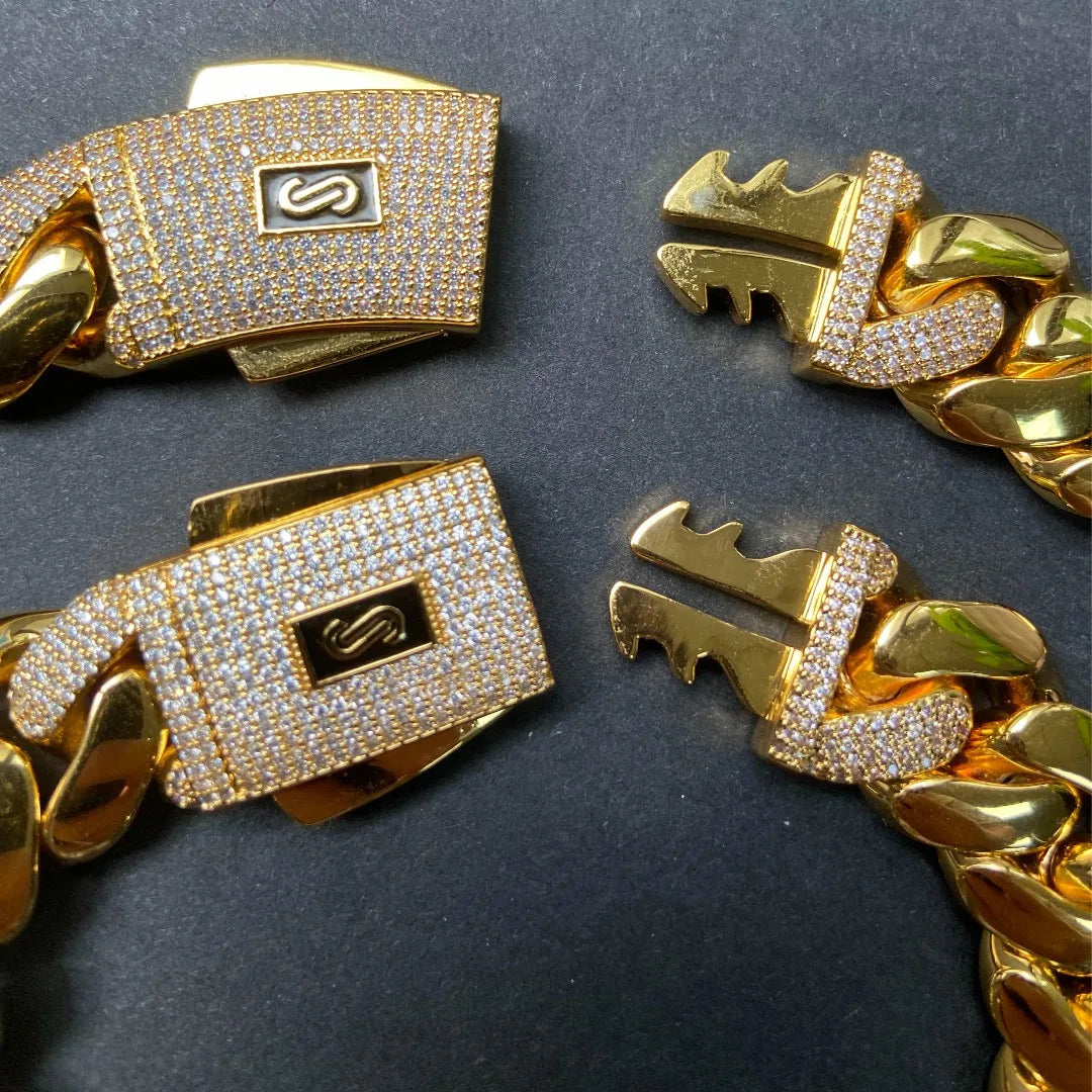 Luxury Iced Out Monaco Box Clasp Cuban Chain 18K Gold Plated Heavy Brass Bling Necklace Men's Statement Hip Hop Jewelry