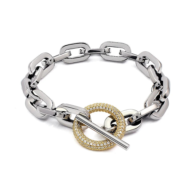 Stainless Steel Paperclip Links Bracelets Cubic Zirconia T Toggle Clasp Waterproof Wristband Hand Chains Punk Hip Hop Jewelry