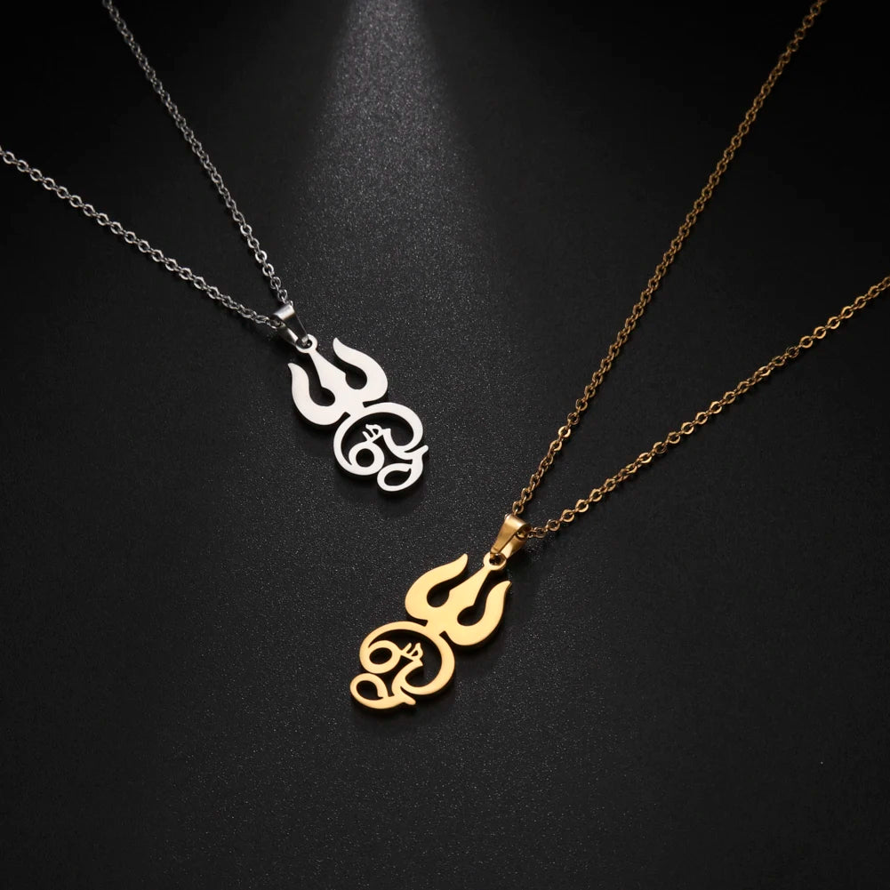 Myshape India Tamil Om Symbol with Trident Pendant Stainless Steel Necklace Om Shiva Symbol Yoga Vintage Talisman Jewelry