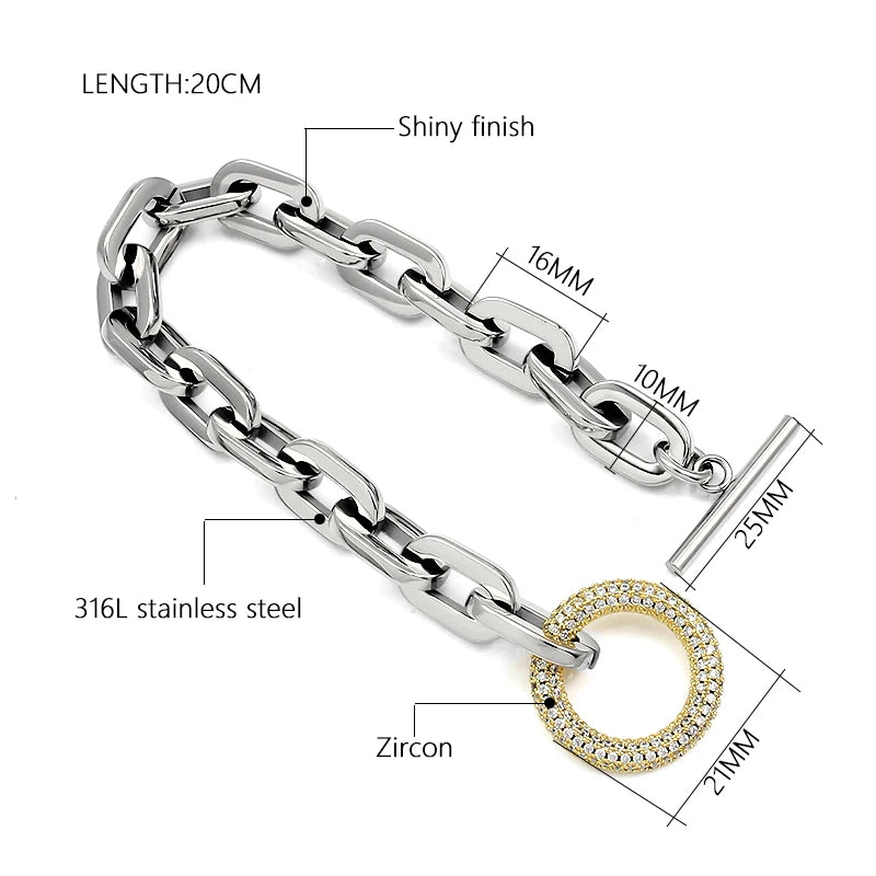 Stainless Steel Paperclip Links Bracelets Cubic Zirconia T Toggle Clasp Waterproof Wristband Hand Chains Punk Hip Hop Jewelry
