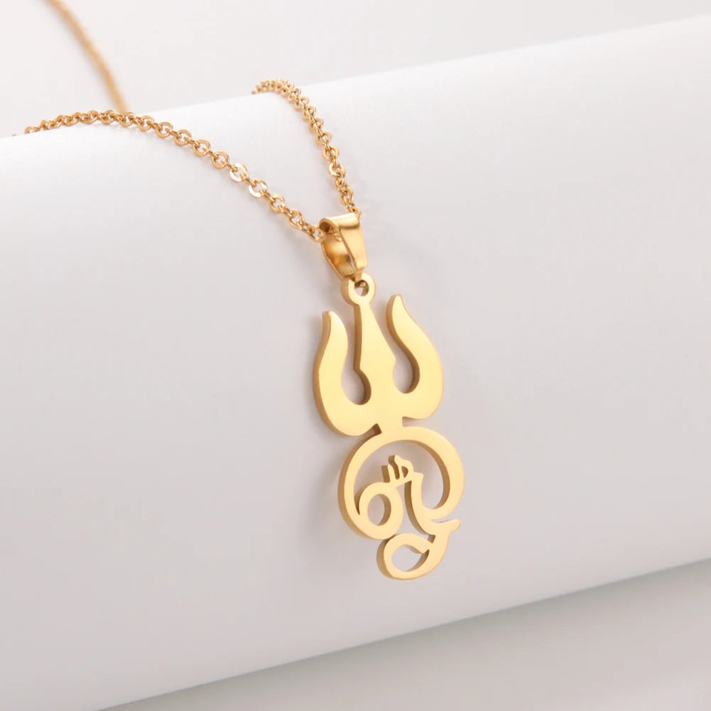 Myshape India Tamil Om Symbol with Trident Pendant Stainless Steel Necklace Om Shiva Symbol Yoga Vintage Talisman Jewelry