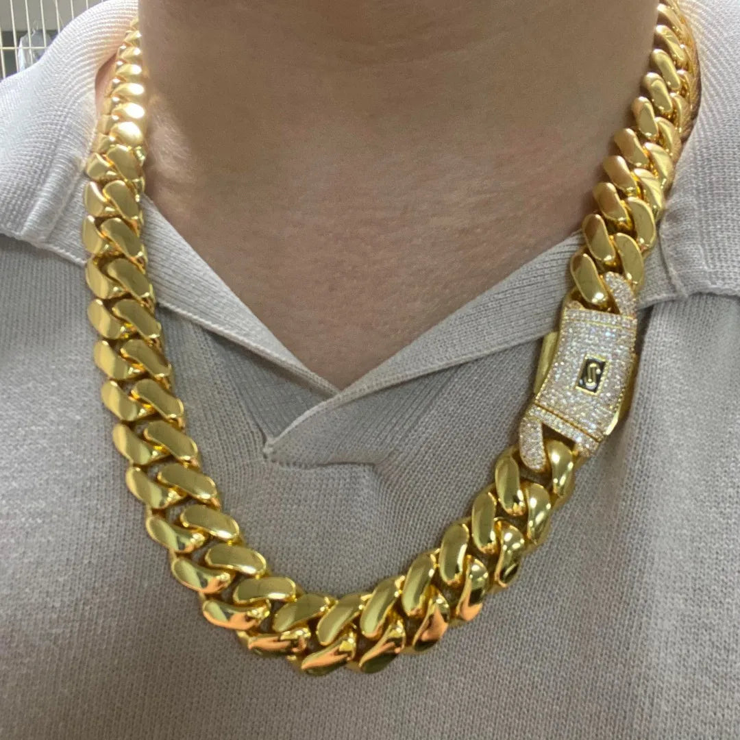 Luxury Iced Out Monaco Box Clasp Cuban Chain 18K Gold Plated Heavy Brass Bling Necklace Men's Statement Hip Hop Jewelry