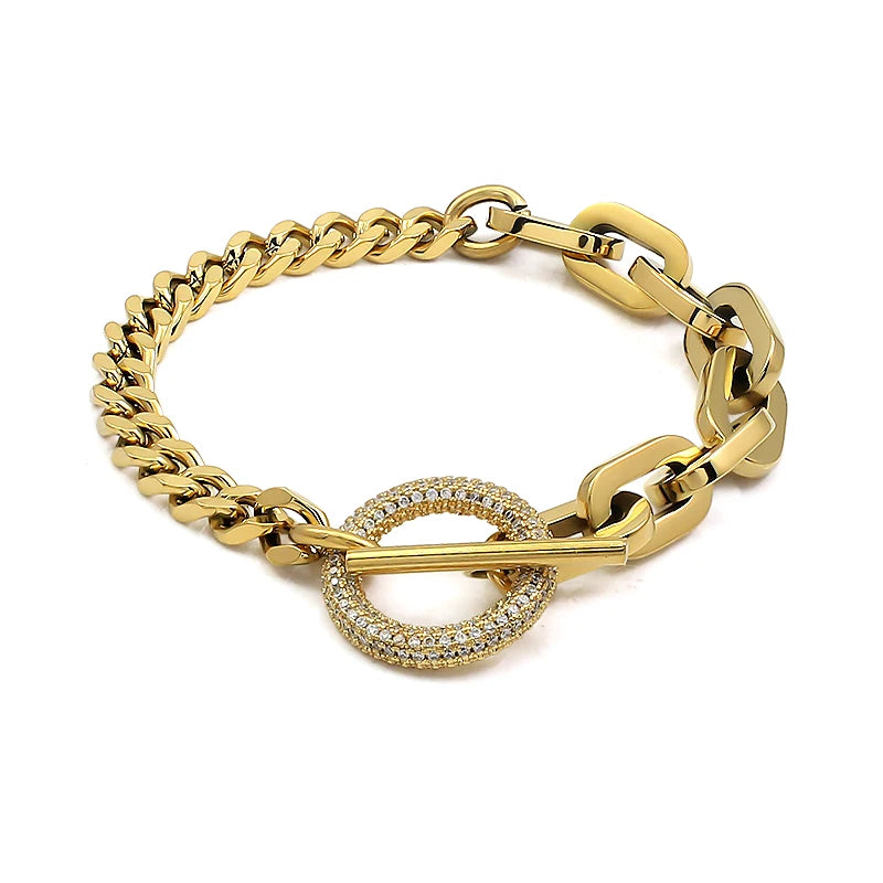 Stainless Steel Paperclip Links Bracelets Cubic Zirconia T Toggle Clasp Waterproof Wristband Hand Chains Punk Hip Hop Jewelry